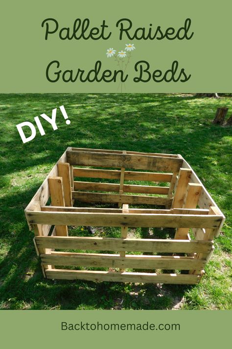 DIY Pallet Raised Garden Beds Pallet Garden Box, Pallet Raised Garden Bed, Pallet Raised Garden, High Raised Garden Beds, Inexpensive Raised Garden Beds, Making Raised Garden Beds, Cheap Raised Garden Beds, Above Ground Garden, Palette Garden