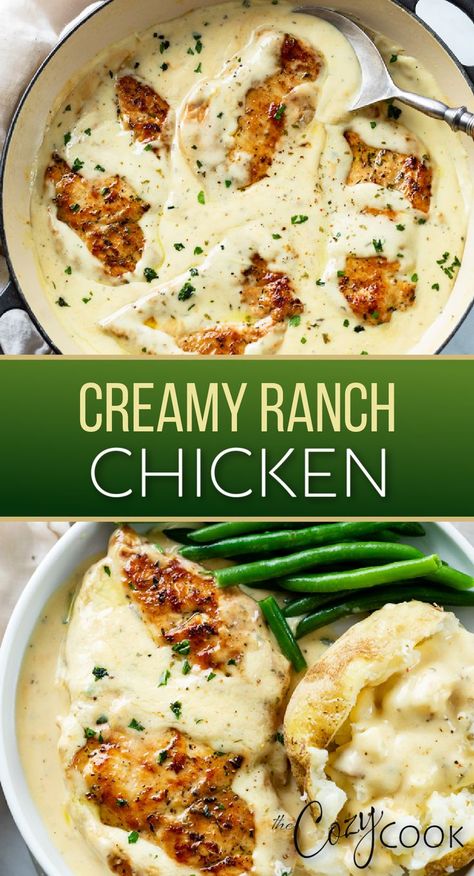 creamy ranch chicken with a side of baked potatoes and green beans Chicken Dinner Recipes Easy, Creamy Ranch Chicken, Ranch Chicken Recipes, Chicken Tenderloin Recipes, Vegan Burrito, Easy Skillet Meals, Easy Chicken Dinner, Creamy Ranch, Healthy Dinner Recipes For Two