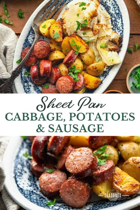 One Tray Oven Dinners, Sheet Pan Cabbage, Cabbage Potatoes And Sausage, Pan Sheet Dinners, Cabbage Dinners, Seasoned Mom Recipes, Sheet Pan Veggies, Pan Veggies, 1 Pan Dinner