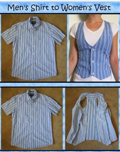 DIY Flip A Mens Shirt Into A Ladies's Vest- #DIY #Mens #Shirt #Turn #Vest #Womens Check more at https://howcandothis.com/diyideas/diy-flip-a-mens-shirt-into-a-ladiess-vest/ Easy Diy Clothes, Diy Clothes Refashion, Upcycle Clothes Diy, Mode Hippie, Diy Vetement, Diy Clothes Design, Thrift Flip, Diy Fashion Clothing, Upcycled Fashion