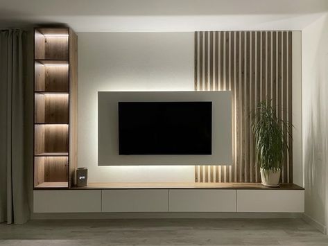 T V Wall Design Modern, Tv Wall Design Contemporary, Tv Wall Design Living Room Wood, Interior Designs For Living Room, Wallpaper On Tv Wall, Wall With Tv Decor, Tv Unit With Shoe Rack, Home Entertainment Centers Ideas, Garsoniera Ideas