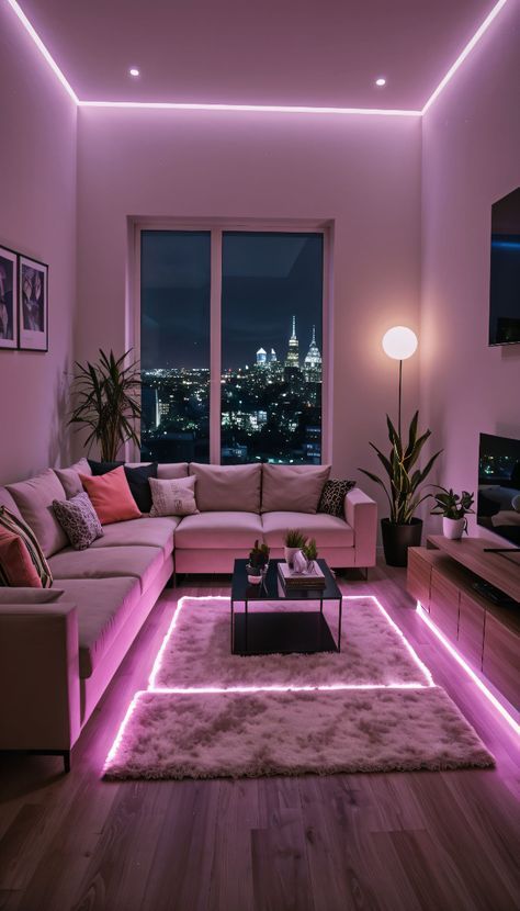 Light Color Furniture Living Room, Cool Small Living Room Ideas, Living Room Apartment Ideas Aesthetic, Light Pink Living Room Ideas, Pink Lighting Aesthetic, Black Light Living Room, Aesthetic Room Organization Ideas, Led Light Living Room Ideas, Back Rooms Aesthetic