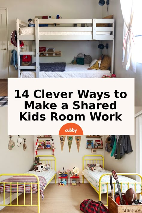 Designing shared kids rooms can be tricky because every kid, family, and home is different. What works for one family might not work for another — and that’s okay! Cubby set out to find smart and stylish shared rooms that could give you ideas for your kids’ shared space. Bunk Bed Shared Room Ideas, Ikea Shared Kids Room, Shared Bedroom Playroom, Shared Room With Kids And Parents, Small Space Bunk Bed Ideas, Age Gap Shared Bedroom, Kids Room Sharing Ideas, Shared Loft Bedroom Kids, Small Bedroom Ideas For Siblings