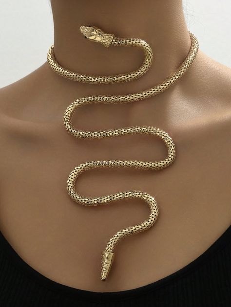 1pc Autumn/Winter Metallic Snake Coiled NecklaceI discovered amazing products on SHEIN.com, come check them out! Snake Necklace Gold, Snake Headpiece, Snake Outfit, Snake Clothes, Snake Accessories, Gold Snake Jewelry, Snake Coiled, Snake Woman, Gold Snake Necklace