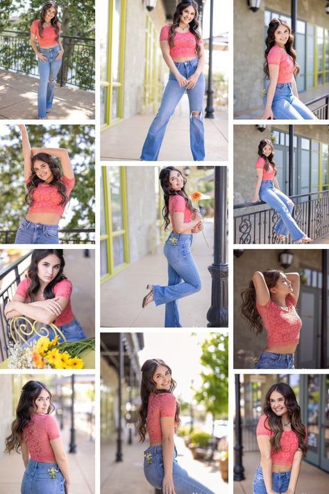 Casual Outfits Poses, Poses On Jeans For Women, Jens Top Photoshoot Pose, Poses With Crop Top, Jeans And Crop Top Photoshoot, Crop Top Pose Ideas, Crop Tops Outfits Aesthetic, Female High School Senior Pictures, Photography Poses Ideas Female