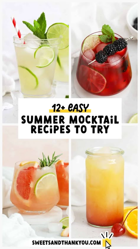 Cool off with these 13+ summer mocktail recipes! These delicious non-alcoholic summer drinks will help you beat the heat in style. From fruity mocktails to fun flavors of lemonade to classic virign drinks like virgin palomas and mojitos, there's a summer mocktail recipe for every occasion. Fruity Drinks Non Alcoholic Recipes, Mocktail Summer Drinks, Pool Party Drinks Non Alcoholic, Signature Drinks Non Alcoholic, Night Mocktail Recipe, Best Mocktails For Summer, Summer Virgin Drinks, Mocktail Recipe For A Crowd, Cheap And Easy Mocktails