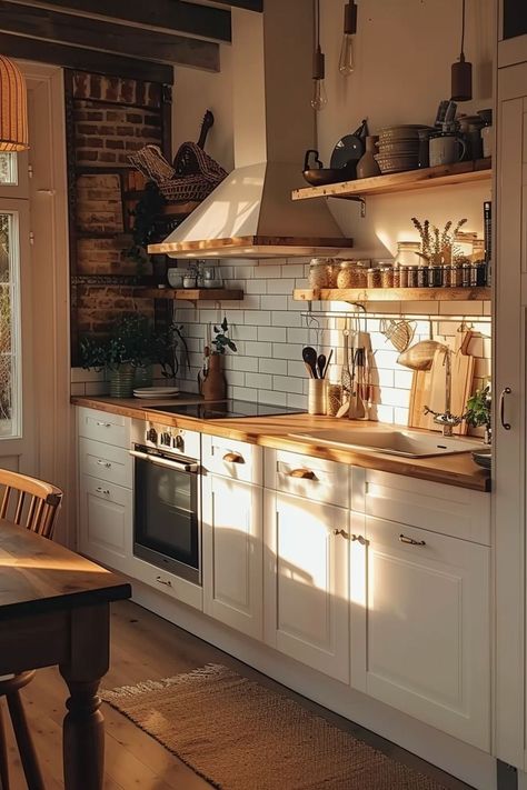 Cosy Cottage Kitchen Ideas, Small Home Cottage, Farm Cottage Interior Small Houses, Country Kitchen With Fireplace, Cottage Core Modern Kitchen, Cottage Home Interior Ideas, Cottage Inspo Interior Design, Tiny Kitchen Interior Design, Kitchen Modern Cottage