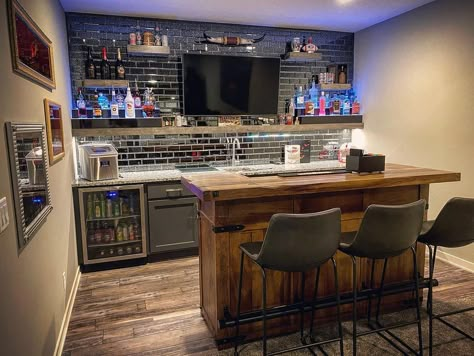 Small Bar Ideas For Basement, Bar With Tv And Shelves, Homemade Basement Bar, Basement Bar Designs With Tv, Home Bar Layout Plan, Basement Bar Ideas With Refrigerator, Home Bar Makeover, Rec Room Bar Ideas, Upstairs Bar Ideas