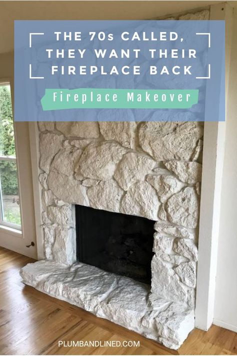 An ugly fireplace from the 70s gets a makeover. #fireplacemakeover #fireplaceideas #70sfireplace #70'sfireplace #fireplace Lava Rock Fireplace, Fireplace Updates, Before And After Fireplace, Fireplace Remodel Diy, Easy Fireplace, Reface Fireplace, Painted Stone Fireplace, Room Decor On A Budget, Fireplace Makeovers