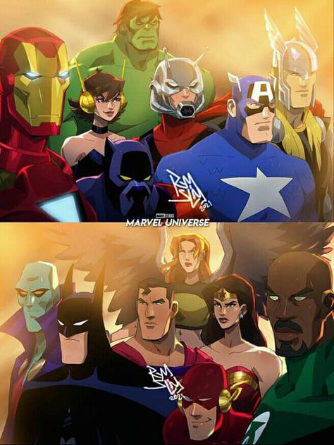 Marvel Dc Crossover Art, Dc Comics Drawings, Dc And Marvel Crossover Art, Dc Marvel Crossover, Avengers Vs Justice League, Crossover Comic, Dc Vs Marvel, Amalgam Comics, Dc Cartoon