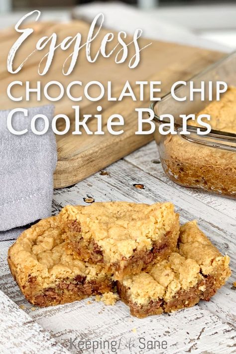 Egg Free Cookie Bars, Eggless Cookie Bars, Eggless Bars, Easy Eggless Desserts, Chewy Cookie Bars, Egg Free Desserts, Allergy Recipes, Eggless Cakes, Eggless Chocolate Chip Cookies