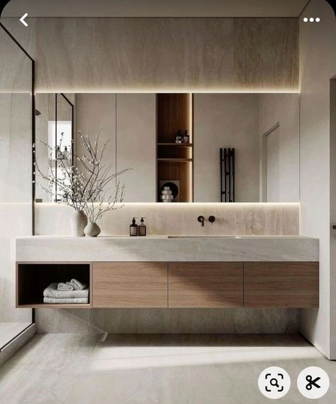 Long Restroom Ideas, Minimalistic Modern Bathroom, Wc Mirror Ideas, Bathroom Full Mirror, Modern Bathrooms 2024, Restroom Design Ideas, Ltk Home, Hotel Bathroom Interior Design, Modern Natural Bathroom