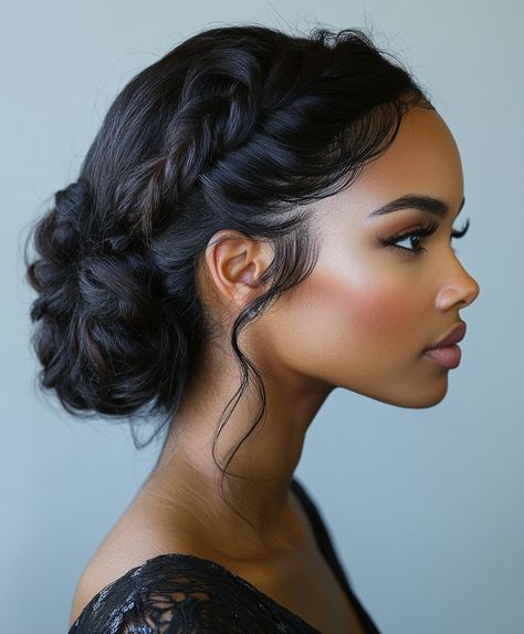 🔮 Elegant Bridesmaid Braid Updo Glamorous Braids Updo Hairstyle Afro Bridesmaid Hairstyles, Mother Of Bride Hairstyles Black Women, Sophisticated Updo Hairstyles, Wedding Hair Black Women With Veil, Black Hair Wedding Styles Brides, Low Bun Face Framing Pieces, Sisterlocks Wedding Hairstyles, Bridal Hairstyle Black Women, Wedding Hair Updo Black Women