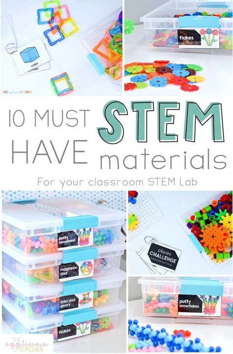 Want to to incorporate STEM activities in your elementary classroom? Here is a great start: 10 Must Have STEM materials for every classroom-TheAppliciousTeacher.com #STEM #ElementarySTEM #STEMsupplies Stem Classroom Setup Elementary, Stem Supplies, Stem Bins, Stem Boxes, Steam Classroom, Stem Centers, Kindergarten Stem, Elementary Stem Activities, Classroom Diy