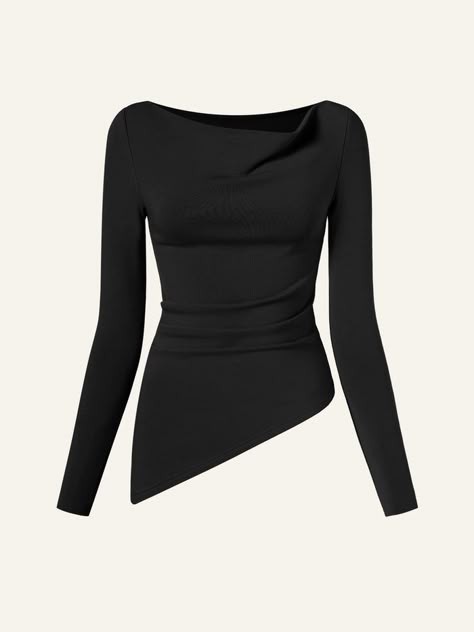 Ogl Eco-Mousse® Cowl Neck Side Ruched Asymmetrical Top – OGLmove Asymmetrical Top Outfit Classy, Asymmetrical Top Outfit, Bodycon Tops, Cowl Dress, Stylish Work Attire, Effortlessly Chic Outfits, Fashionista Clothes, Dress Barn, Asymmetrical Tops