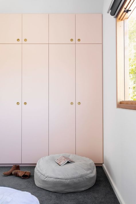 This Melbourne Designer's Home Has It All, From Pastel Tile to So Many Windows | Architectural Digest Pink Wardrobe, Melbourne Home, Pastel Bedroom, Bedroom Cabinets, Sight Unseen, Wardrobe Door, Dekorasi Kamar Tidur, Bedroom Closet Design, Pastel Room