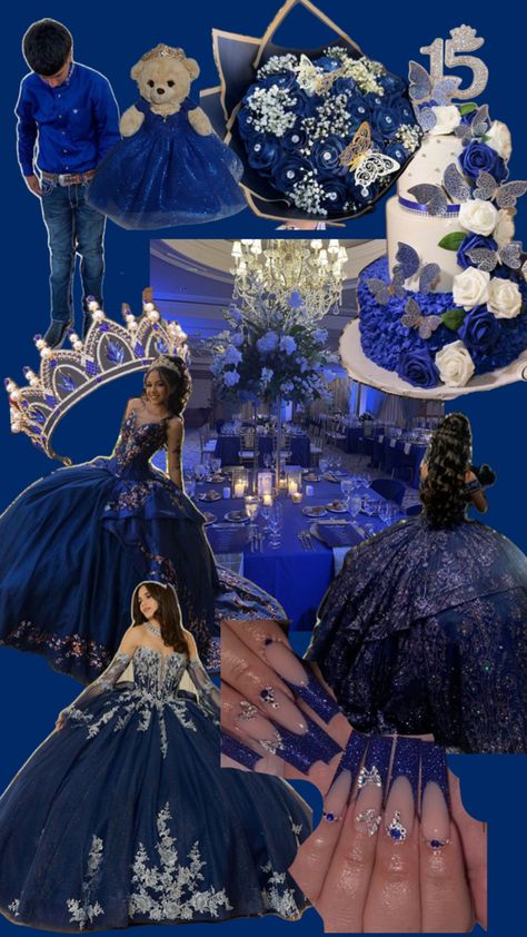 Navy Blue Themed Quinceanera, Quinceanera Midnight Theme, Navy Blue Theme Quinceanera, Navy Blue Masquerade Quince, Star Themed Quince, Disney Theme Quinceanera, Navy And Gold Quinceanera Dresses, Quinceanera Blue And Gold Theme, Brave Quinceanera Theme