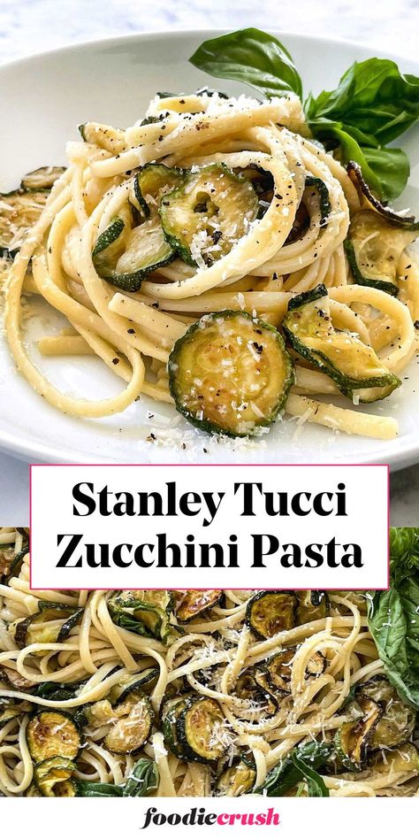 Experience the flavors of Italy with Stanley Tucci's Zucchini Pasta recipe!  Thinly sliced zucchini is fried to crispy perfection, then tossed with pasta, Parmesan cheese, and a touch of butter for a luxuriously decadent vegetarian dish. Fresh basil adds a pop of brightness, making this a restaurant-worthy meal you can prepare at home in under an hour Zucchini Garlic Pasta, Southern Living Easy Zucchini Basil Pasta, One Pot Zucchini Basil Pasta, Summer Zucchini Pasta, Pasta Chicken Zucchini Recipes, Tucci Zucchini Pasta, Bacon Zucchini Pasta, Caramelized Zucchini Pasta, Fresh Spaghetti Recipes