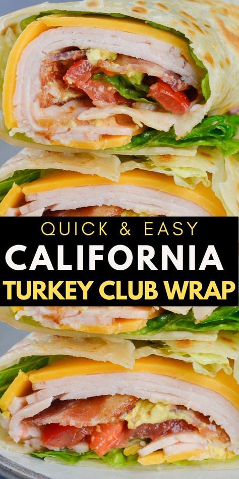 This California Turkey Club Wrap is packed with fresh vegetables, deli turkey and crispy bacon! The perfect easy wrap recipe! Is there anything more satisfying then a delicious wrap packed with fresh vegetables, deli meat and cheese? I think it is one of the easiest things to make, but it always hits the spot!  This California Turkey Club is one of my Turkey Club Wrap, Club Wrap, Turkey Wrap, Wraps Recipes Easy, Turkey Club, Sandwich Wrap, Wrap Recipe, Healthy Wraps, Deli Turkey