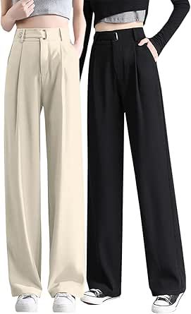 Betusline Women's 2 Packs Wide Leg High Waisted Long Dress Pants Business Casual Straight Office Trousers for Women,Black+Beige,Medium Straight Trousers Women, Dress Pants Business Casual, Weekend Getaway Outfits, Wide Leg Trousers Black, Wide Leg Black Pants, Pants Business Casual, Bright Outfits, Fresh Drinks, Black Wide Leg Trousers