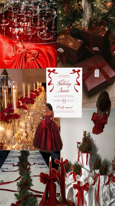 Red bow Christmas party aesthetic vibes Galsmas Christmas Party, Christmas Hosting Ideas Decor, Red Bow Party Decor, Christmas Birthday Party Aesthetic, Girls Christmas Party Aesthetic, Christmas Party Luxury, Christmas Gala Aesthetic, Red Coquette Christmas, Red Christmas Party Theme