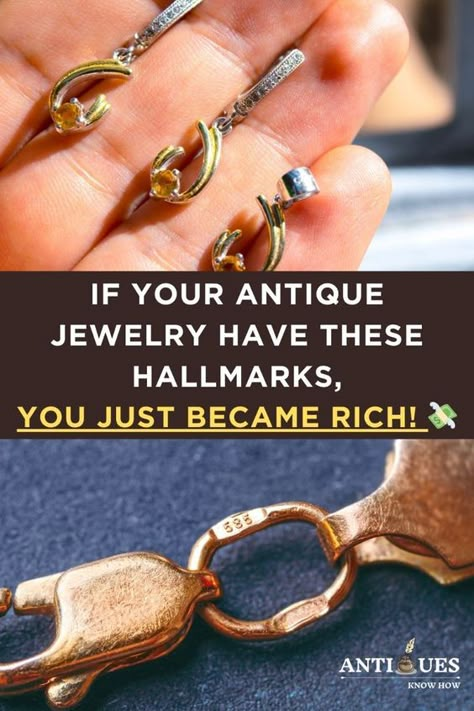 Find out if you antique jewelry have valuable vintage hallmarks? It could be a precious collectible worth a hefty amount! Valuable Vintage Costume Jewelry, Vintage Items Worth Money, Repurposing Jewelry, Jewelry Markings, Jewelry Findings Guide, Vintage Jewelry Display, Antique Knowledge, Antiques Value, Antique Appraisal