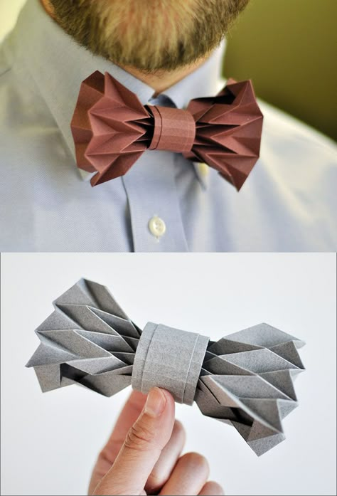 This creative bow tie is made from carefully and artfully folded paper. 3d Tiskárna, Tie Ideas, Origami Wedding, Simple White Dress, Paper Clothes, Paper Accessories, Origami Fashion, Paper Fashion, Paper Dress