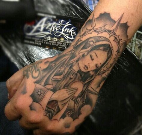 Virgen de guadalupe tattoo. Virgen De Guadalupe Forearm Tattoo, Mexican Hand Tattoos For Women, Hands Tatoos Woman, Virgen De Guadalupe Tattoo Ideas Back, Virgin Mary Hand Tattoos For Guys, Gualupe Tattoo, Tattoo Ideas Female Mexican, La Virgencita Tattoo, Virgencita Tattoo Women