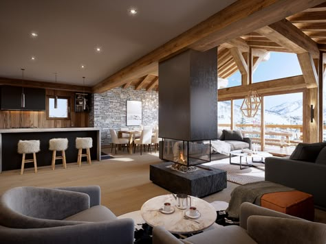 Chalet Design Exterior, Luxury Chalet Interior, Fireplace Modern Design, Chalet Interior Design, Modern Chalet, Luxury Chalet, Luxury Exterior, Chalet Interior, Airbnb House