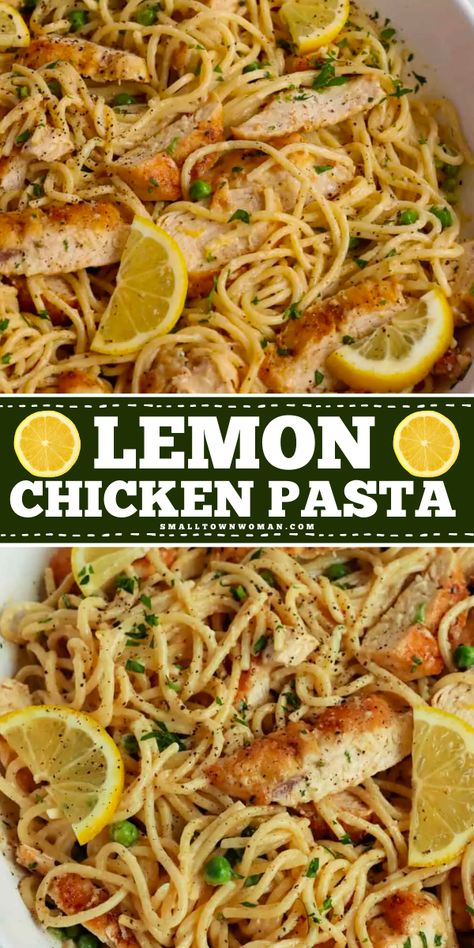 Here's an easy Spring meal to try! This Lemon Chicken Pasta is packed with flavor and is always a hit at the dinner table. It starts with lemon pepper chicken breasts and served with creamy lemon spaghetti. Add this recipe to your Springtime dinner ideas! New Cook Recipes Easy Meals, Dinner Recipes For Family Of 4, Chicken Supper Ideas Healthy, Easy Healthy Dinner Picky Eaters, Pasta Lemon Chicken, Dinner Ideas Peppers, Yellow Main Dish, Lemon Crusted Chicken Pasta, Fast Dinner Recipes Quick Meals Chicken