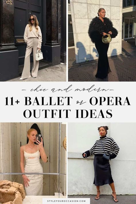 Wondering what to wear to the ballet? Or, what to wear to the opera? These classy ballet outfit ideas and theatre outfit ideas are perfect for every season from winter to summer, whether you are going to a ballet performance or show, an theatre matinee, or a night at the opera. You can also find out what to wear to the Nutcracker ballet if you are so lucky to go! Ballet Event Outfit, What To Wear To The Ballet Outfits, Ballet Guest Outfit Winter, Symphony Outfit Ideas, Daytime Theatre Outfit, Outfits For Going To The Theatre, Night At The Symphony Outfit, Nutcracker Show Outfits, Going To See The Nutcracker Outfit