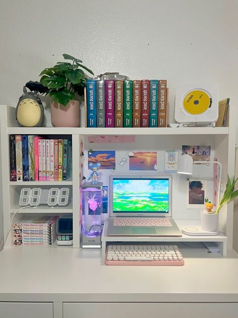 Desk With Shelf Above, Micke Desk Setup, Ikea Micke Desk Organization, Study Table Set Up, Micke Desk Ikea Ideas, Desks With Shelves, Desk Cart, Minimalist Bedroom Color, Danish Pastel Room Decor