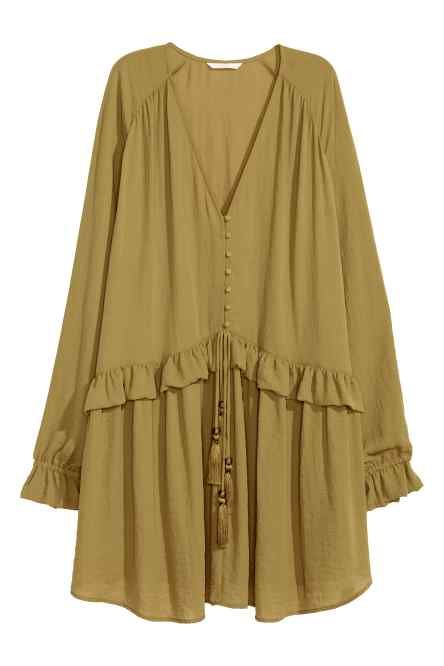 Crêpe blouse | H&M Long Ruffle Dress, Kaftan Tops, Fancy Shirt, Olive Green Dresses, Fashion Top Outfits, Dress H&m, Woven Dress, Crepe Dress, Blouse Dress