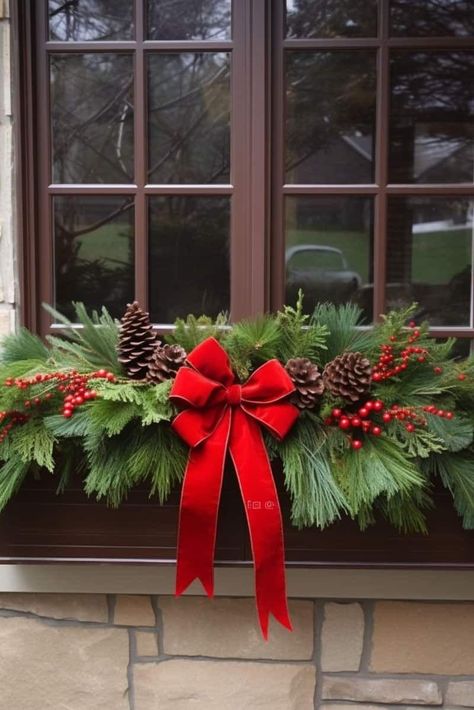 Faux Greenery Window Boxes, Christmas Windowbox Ideas, Xmas Window Boxes Decorating Ideas, Fall Windowbox Ideas, Holiday Window Boxes Diy Christmas, Simple Fall Window Boxes, Window Boxes In Winter, Fake Flower Window Box Ideas, Fall Window Planter Box Ideas