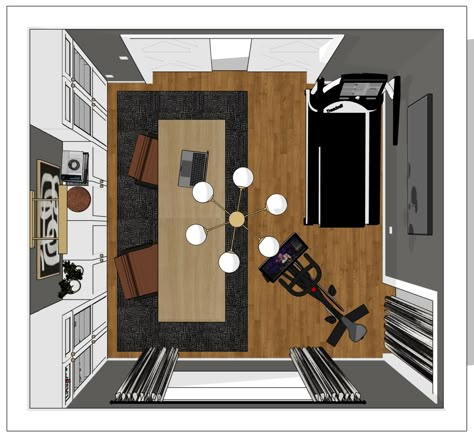 Peloton Home Office Combo, Home Office And Peloton Room, Peloton Office Guest Room, Peloton And Office Room, Small Home Office With Peloton, Home Gym And Lounge Combo, Library Workout Room, Office Peloton Combo, Small Gym Office Combo Work Spaces