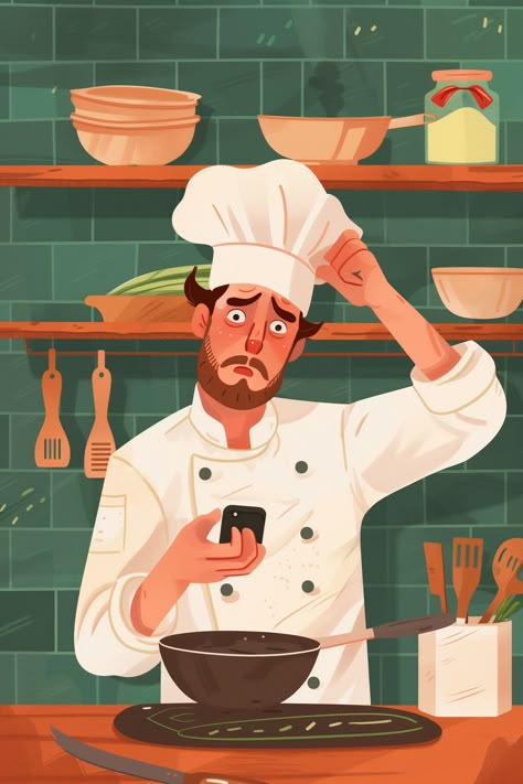 Midjourney Feed Chef Illustration Art, Chef Character Design, Cook Illustration, Using Phone, Illustration Story, Chef Cooking, Things To Paint, Aspect Ratio, The Scene