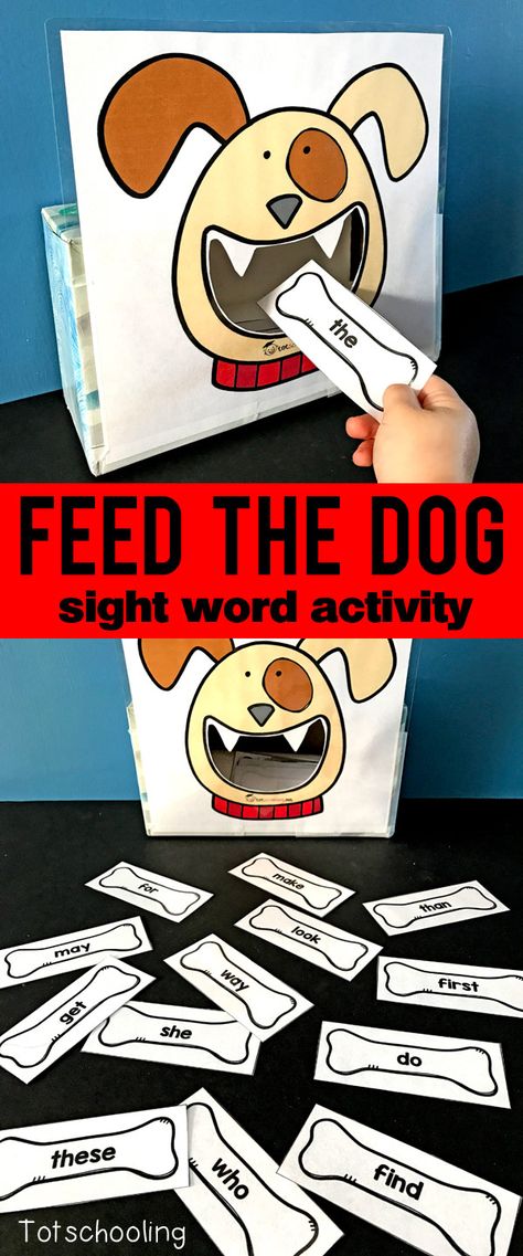 FREE sight word recognition activity for kids to read sight words while feeding bones to the dog. Fun and motivational literacy game for pre-k, kindergarten and first grade kids. Sight Word Activity, Word Games For Kids, Teaching Sight Words, Dog Fun, Literacy Games, Kindergarten Games, Sight Words Kindergarten, Sight Word Activities, Sight Word Games