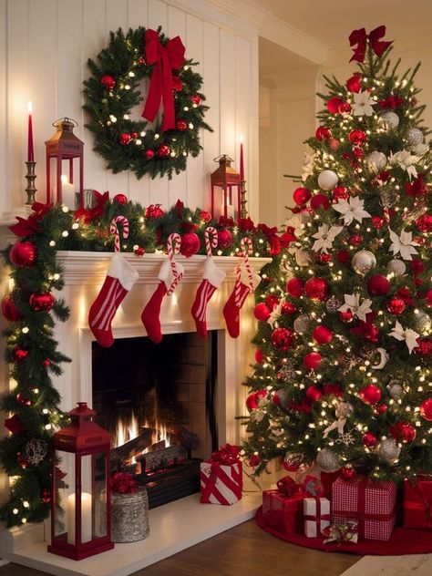 Christmas Fireplaces, Christmas Living Room Ideas, Christmas Ideas For The Home, Christmas Rooms, Love At Christmas, Joy Decorations, Frosted Christmas Tree, Christmas Mantel Decor, Christmas Tree Decorating Ideas