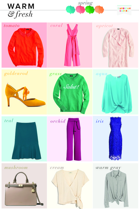 Once you know you're a Spring, be it warm, light, or clear.  Each of these categories share the features of clarity and although not entirely warm, leaning in that direction.   So what should you wear?  Below are some of my favorite ideas for mixing and matching a warm and fresh capsule wardrobe. tomato -- coral -- apricot -- goldenrod… Clear Spring Palette, Warm Spring Palette, True Spring Palette, True Spring Color Palette, Warm Spring Color Palette, Warm Spring Outfits, Hoc Spring, Spring Outfit Women, True Spring Colors