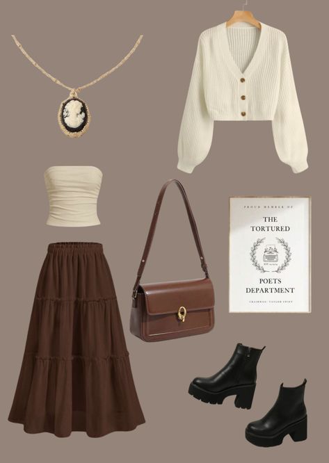 Modest Teen Outfits, Modest Hippie Outfits, Long Brown Skirt Outfit, Outfits Aesthetic Modest, Brown Maxi Skirt Outfit, Brown Skirt Outfit Ideas, Fall Aesthetic Brown, Modest Outfits Aesthetic, Brown Skirt Outfit