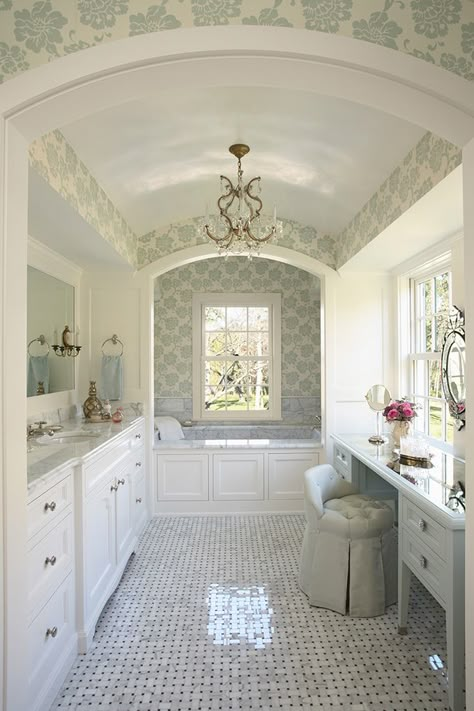 such a pretty bathroom, the arched ceiling, wallpaper, lighting fixture....love the vanity & windows... Feminine Bathroom, Interesting Homes, White Bathroom Designs, Subway Tiles, Dream Bathrooms, Design Del Prodotto, Marble Tile, Traditional Bathroom, Dream Bathroom