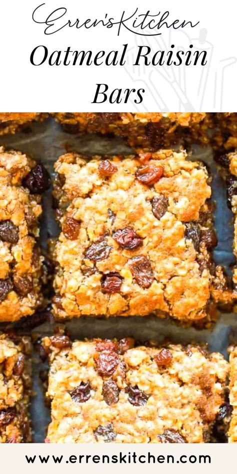 With these sweet treats that are filled Raisins, Oats and finished with a touch of Cinnamon, this easy recipe for Cinnamon and Raisin Oat bars creates you a tasty moist bar that you could have as breakfast, snack or a dessert! #ErrensKitchen #bars #desserts Cinnamon Raisin Baked Oatmeal, Raisin Squares Recipe, Oatmeal Raisin Bars, Raisin Bars, Oatmeal Cookie Bars, Mat Inspiration, Raisin Recipes, Easy Oatmeal, Square Recipes