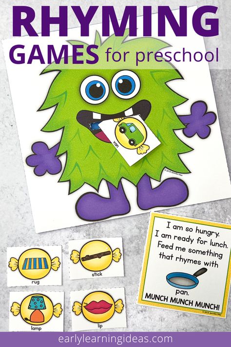 Are you looking for some fun and easy rhyming games for preschoolers and kindergarteners? Find lots of activities to help you kids learn to recognize rhyming words and produce rhyming words. These fun and engaging rhyming activities and ideas will help your kids develop phonological awareness and early literacy skills. eyfs. Rhyming Riddles Preschool, Preschool Rhyme Activities, Rhyming For Preschool, Rhyming For Kindergarten, Rhyming Activities Preschool, Rhyming Word Game, Phonic Activities, Rhyming Words Activities, Rhyming Preschool