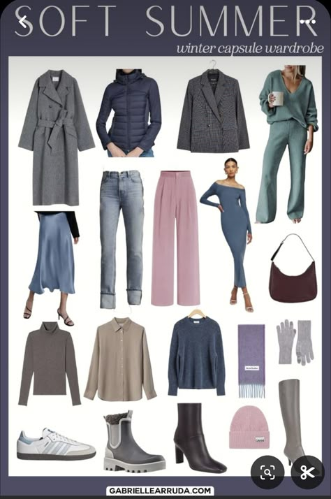 Summer Colour Analysis Outfits, Cool Muted Capsule Wardrobe, Muted Summer Capsule Wardrobe, Soft Summer Basics, Soft Summer Pantone, Soft Summer Fall Capsule Wardrobe, Soft Summer Office Wardrobe, Soft Summer Color Combos, Soft Summer Dark Colors