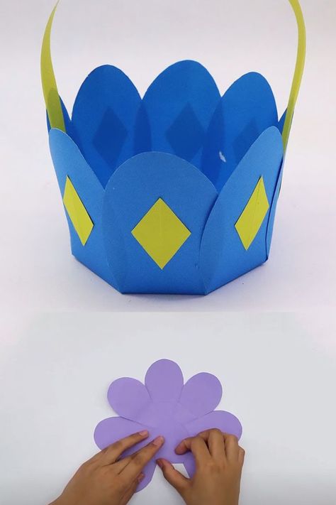 Easy flower shaped basket made with color paper is shown in this origami paper craft video tutorial - paper Handmade Crafts Ideas - Beautiful paper Basket making. #Handmade #Basket #DIY Easter Baskets Diy Kids, Paper Flower Basket, Easter Basket Template, Cool Crafts For Kids, Paper Easter Basket, Craft Ideas With Paper, Origami Paper Craft, Paper Craft Videos, Basket Crafts