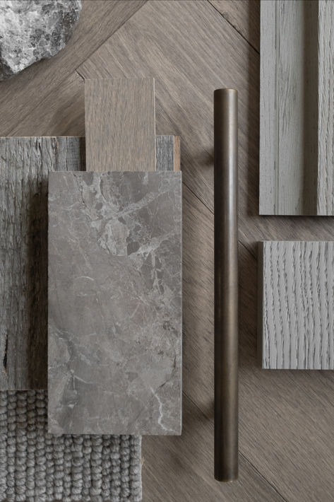 A collection of elegant, rustic textures in muted grey hues with cool undertones, inspired by wild alpine landscapes. Colour Pairing, Jewelry Mood Board, Materials Board Interior Design, Mood Board Interior, Kitchen Mood Board, Entry Design, Clinic Interior Design, Modern Mountain Home, Cottage Inspiration