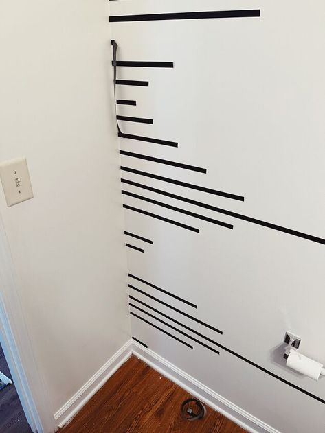 Check out this quick bathroom wall makeover idea for cheap. Renter friendly diy accent wall idea for bathroom or bedroom. #renterfriendly #accentwall Easy Washi Tape Wall Art, Washi Tape Wall Design, Tape Art Ideas Wall Decor, Diy Cheap Accent Wall Ideas, Electric Tape Wall Art Diy, Accent Wall With Tape Design, Electric Tape Wall Art, Rental Friendly Wall Decor, Electrical Tape Wall Art