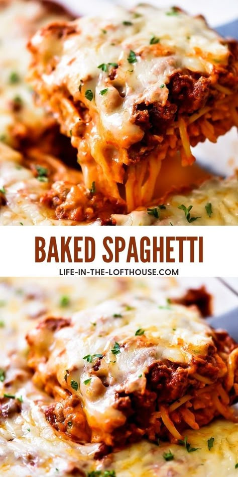 Baked Spaghetti With Ground Beef, Baked Soaghetti, Best Baked Spaghetti Recipe, Baked Spaghetti With Cream Cheese, Creamy Baked Spaghetti, Best Baked Spaghetti, Baked Spagetti, Easy Baked Spaghetti Recipe, Life In The Lofthouse