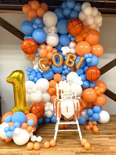 Basketball Birthday Party Balloons, 1st Birthday Party Basketball Theme, Basketball Birthday Balloon Arch, Basketball First Birthday Party Ideas, Sports Party Balloons, And 1 Basketball Birthday Party, All Star First Birthday Sport Theme, 1st Basketball Birthday Party, My Rookie Year First Birthday Basketball