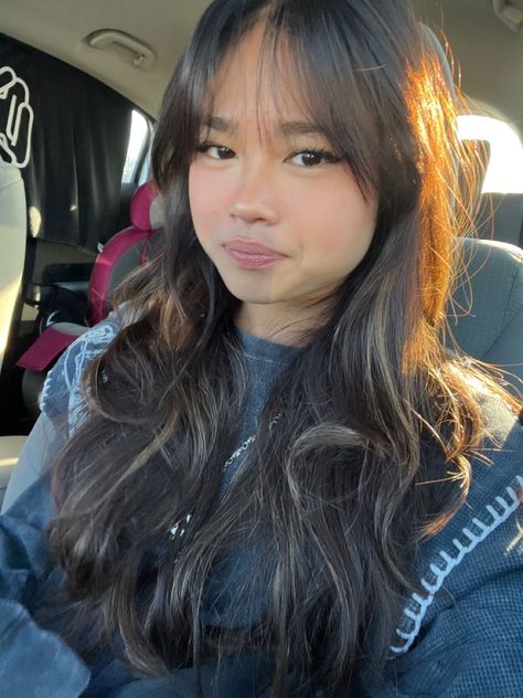 Haircut Idea With Bangs, Haircut Ideas Wispy Bangs, Wispy Bangs With Butterfly Haircut, Wispy Bangs To The Side, Long Hair With Whisky Bangs, Hair Cuts Ideas Bangs, Pretty Asian Hair, Haircuts For Long Hair And Round Face, Long Layered Haircuts With Wispy Bangs